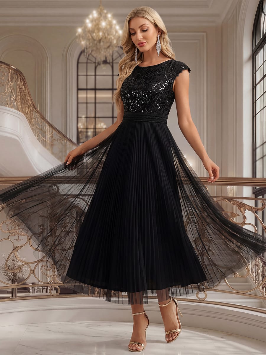 See-through Sequin Cap Sleeve Dress #color_Black