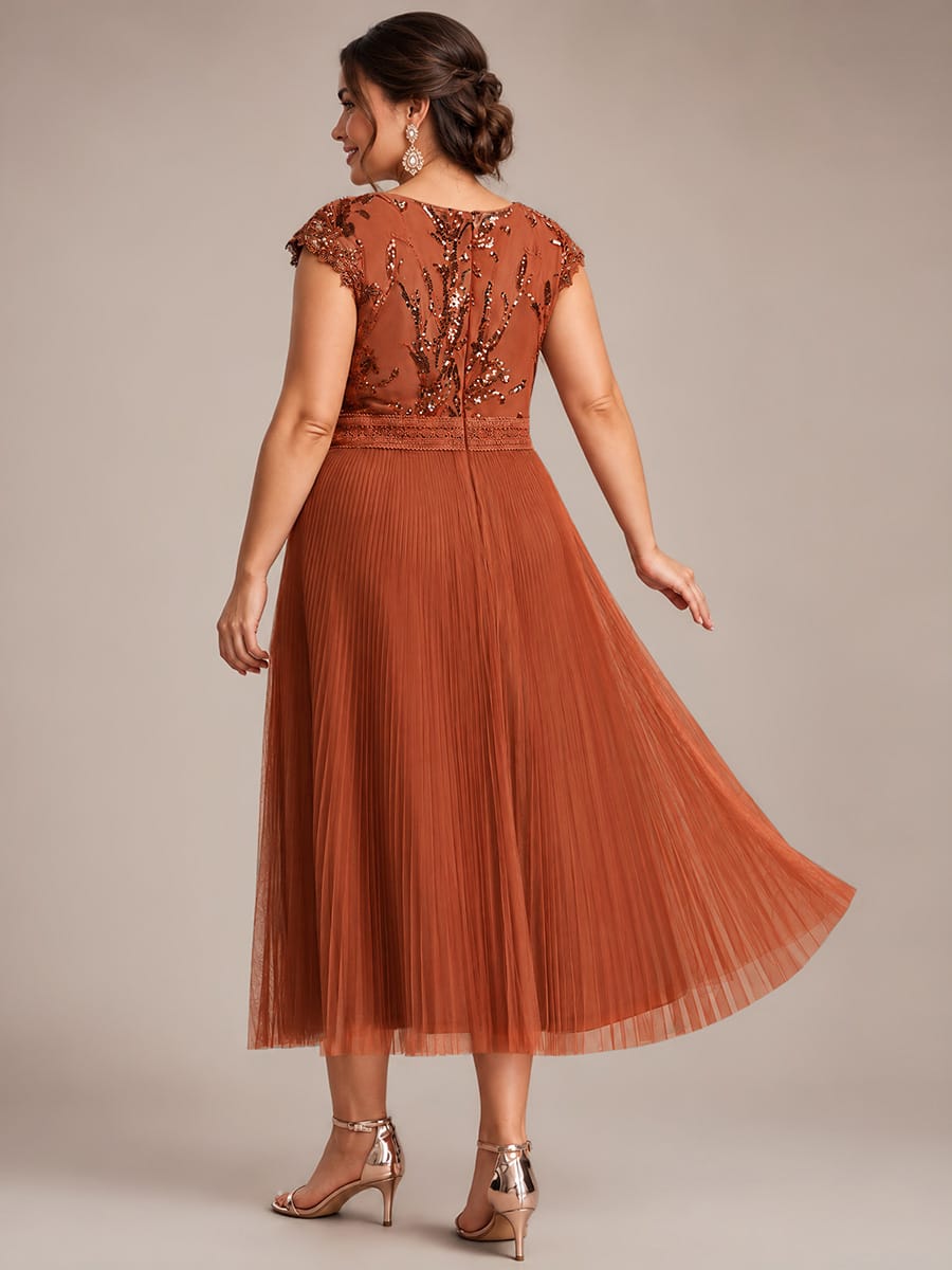 See-through Sequin Cap Sleeve Dress #color_Burnt Orange
