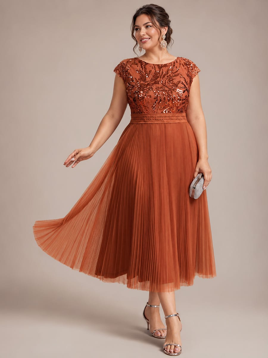 See-through Sequin Cap Sleeve Dress #color_Burnt Orange