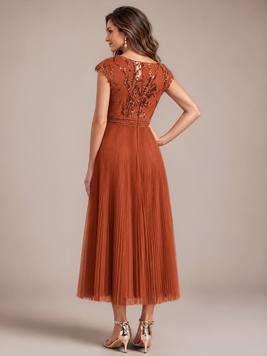 See-through Sequin Cap Sleeve Dress #color_Burnt Orange