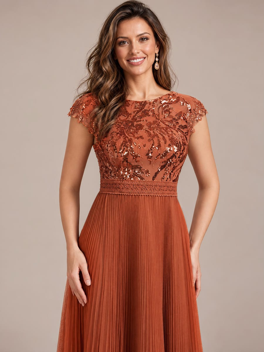 See-through Sequin Cap Sleeve Dress #color_Burnt Orange