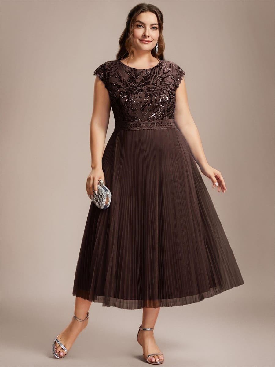 See-through Sequin Cap Sleeve Dress #color_Chocolate brown