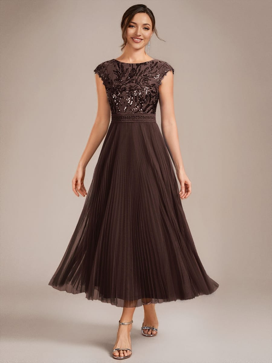 See-through Sequin Cap Sleeve Dress #color_Chocolate brown