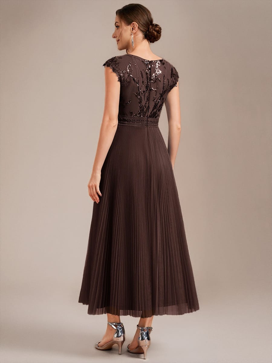 See-through Sequin Cap Sleeve Dress #color_Chocolate brown