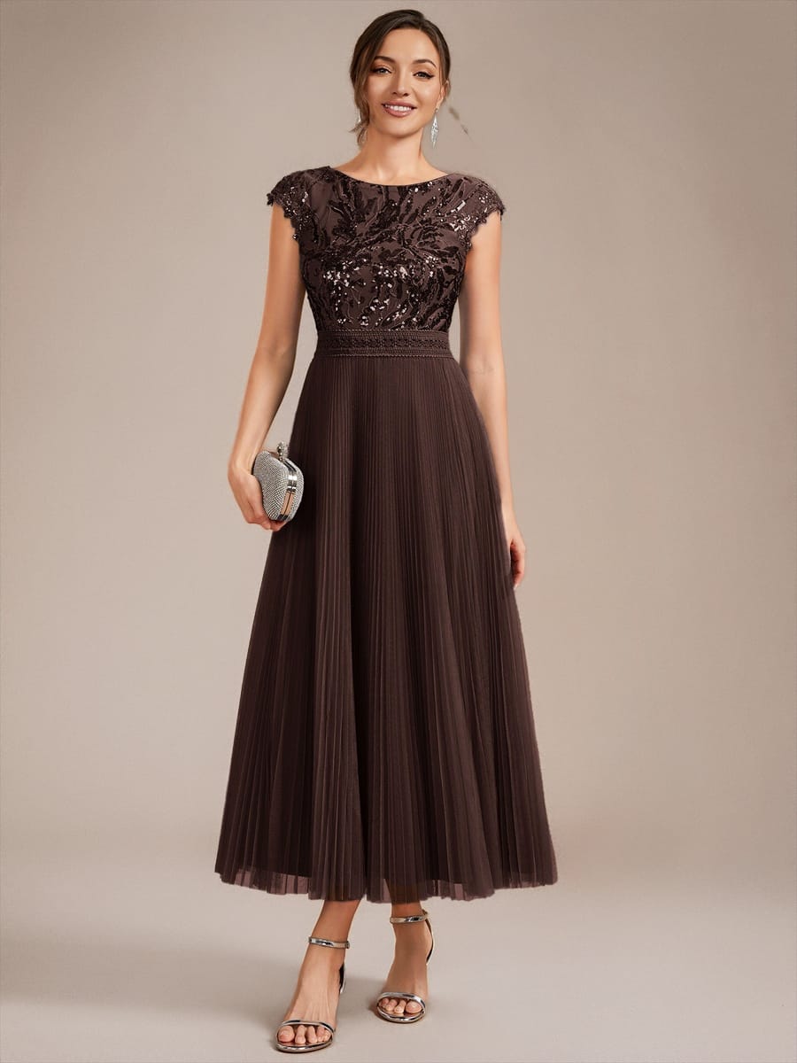 See-through Sequin Cap Sleeve Dress #color_Chocolate brown