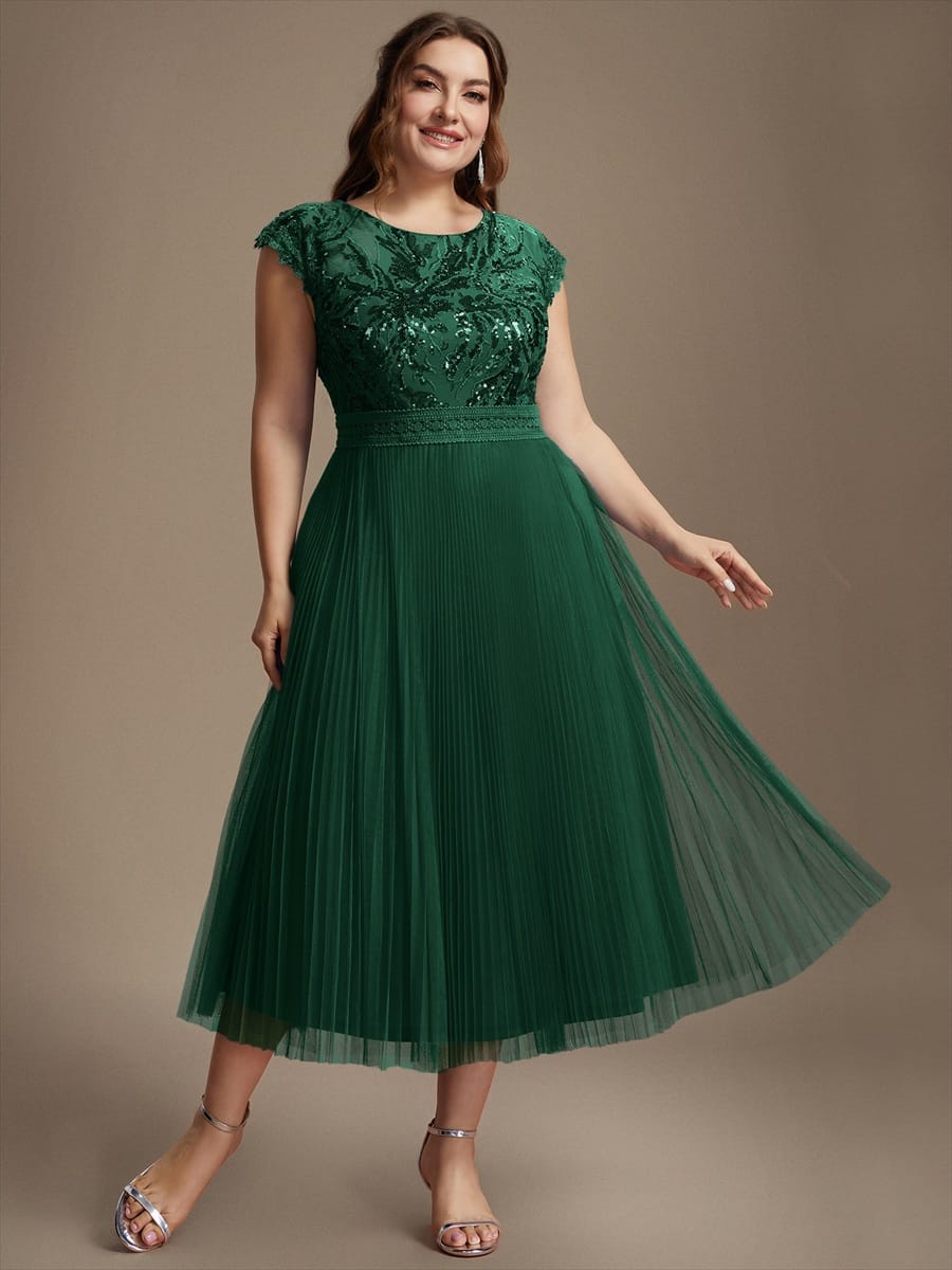 See-through Sequin Cap Sleeve Dress #color_Dark Green