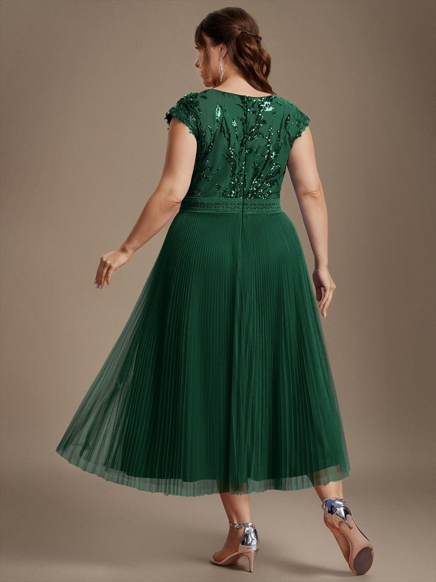 See-through Sequin Cap Sleeve Dress #color_Dark Green