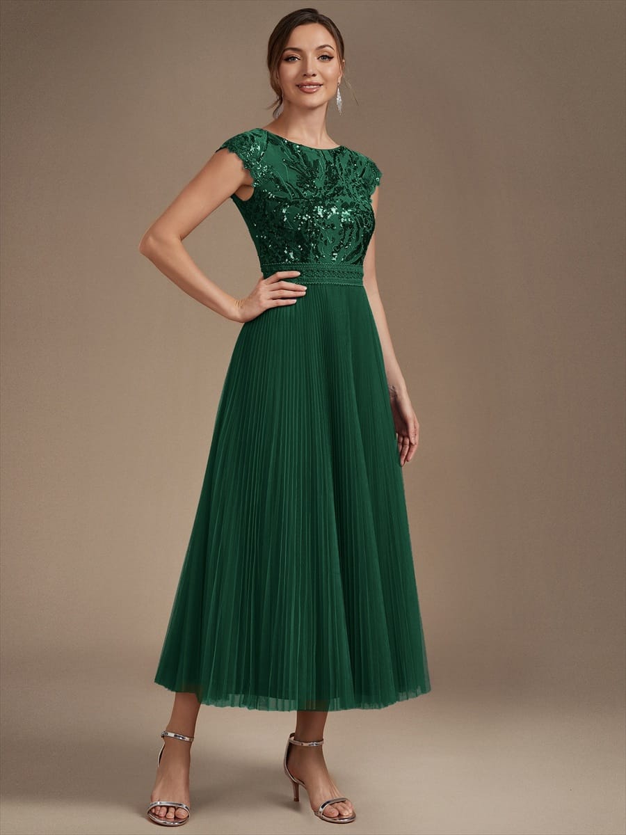 See-through Sequin Cap Sleeve Dress #color_Dark Green