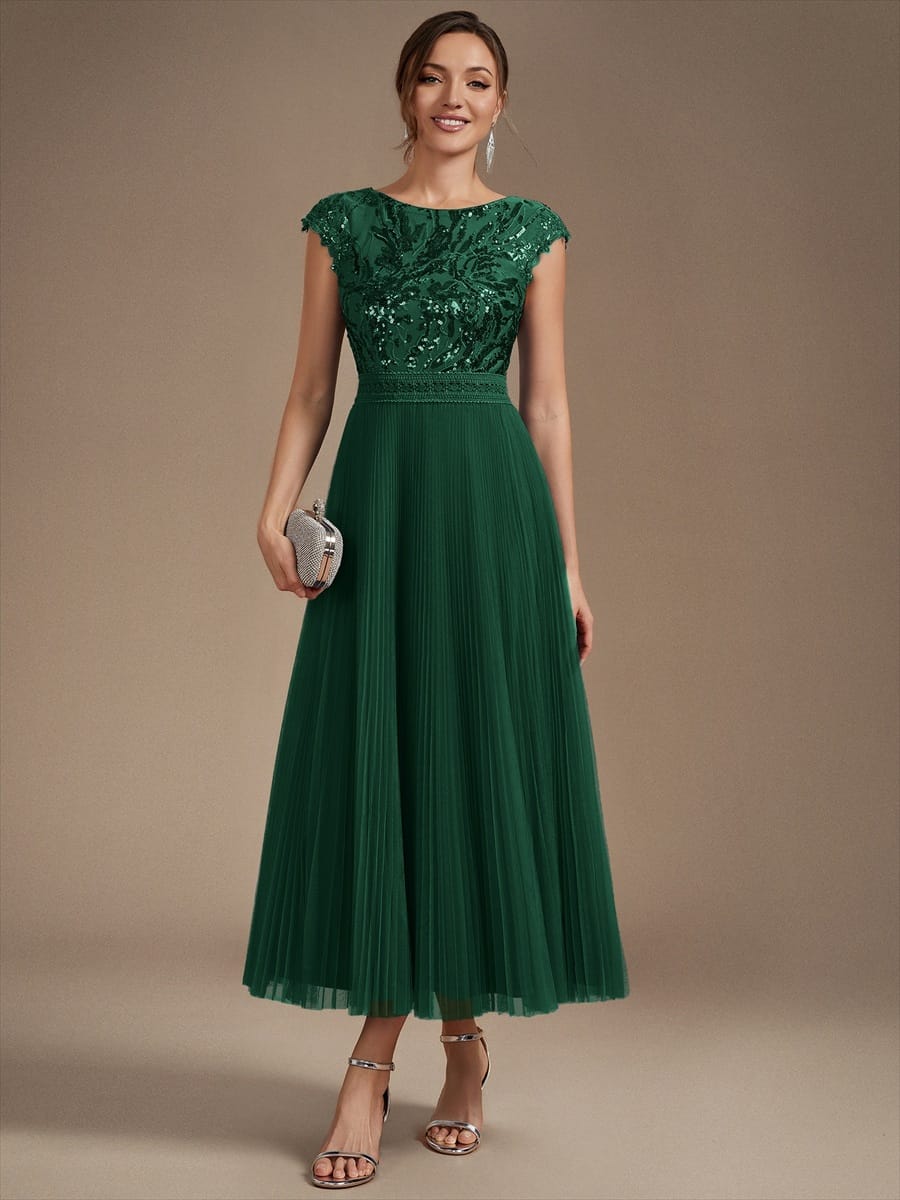 See-through Sequin Cap Sleeve Dress #color_Dark Green