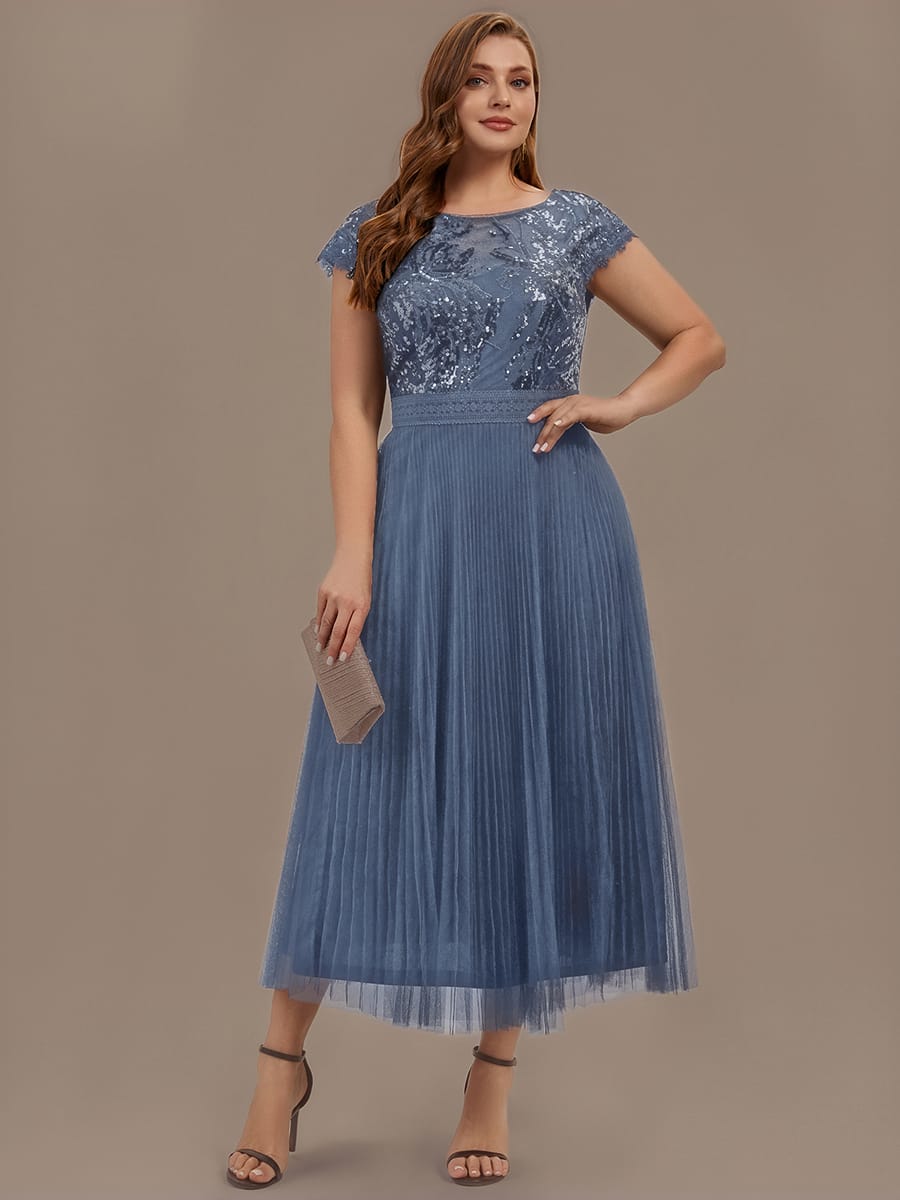 See-through Sequin Cap Sleeve Dress #color_Dusty Blue
