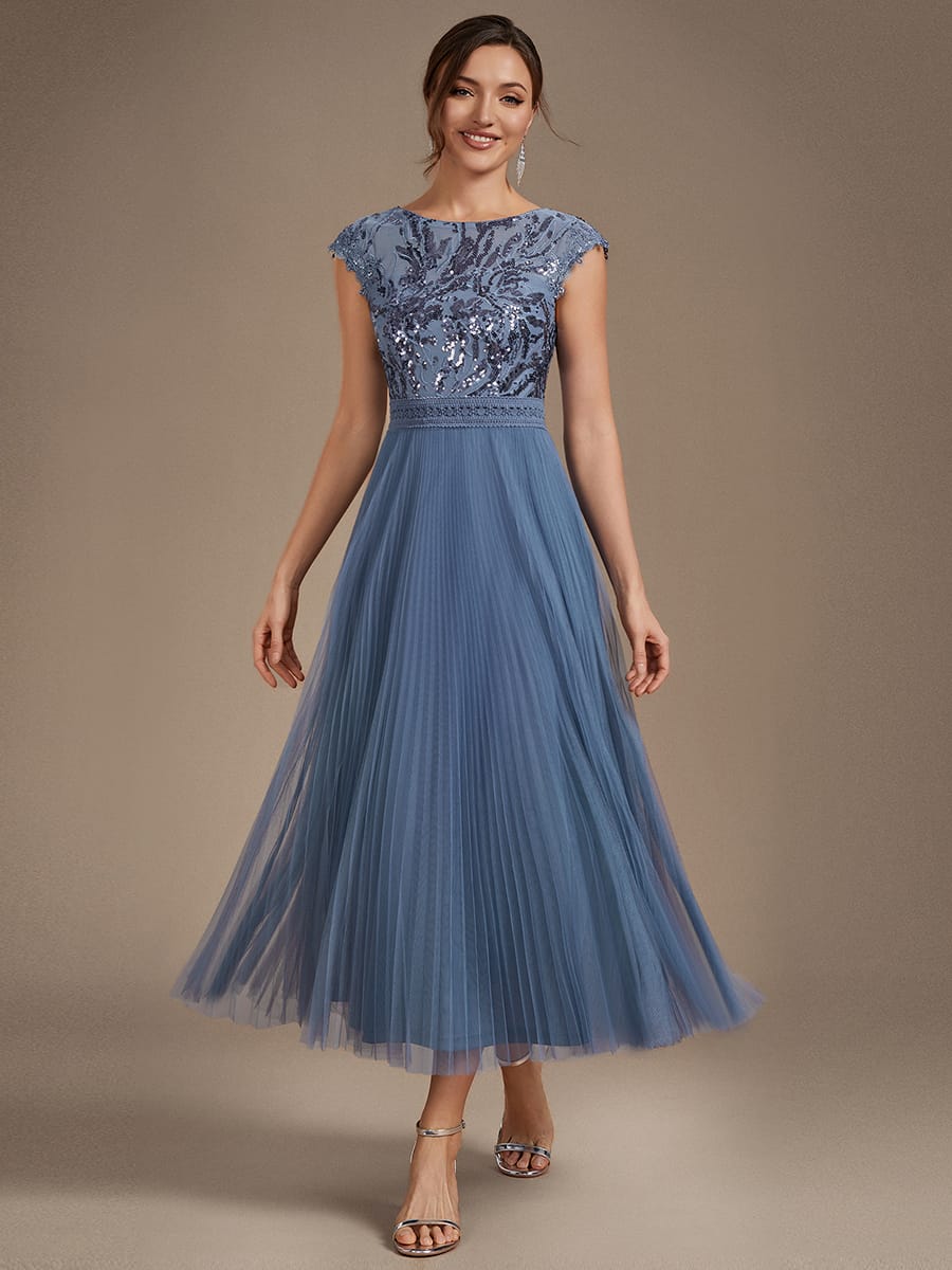 See-through Sequin Cap Sleeve Dress #color_Dusty Blue