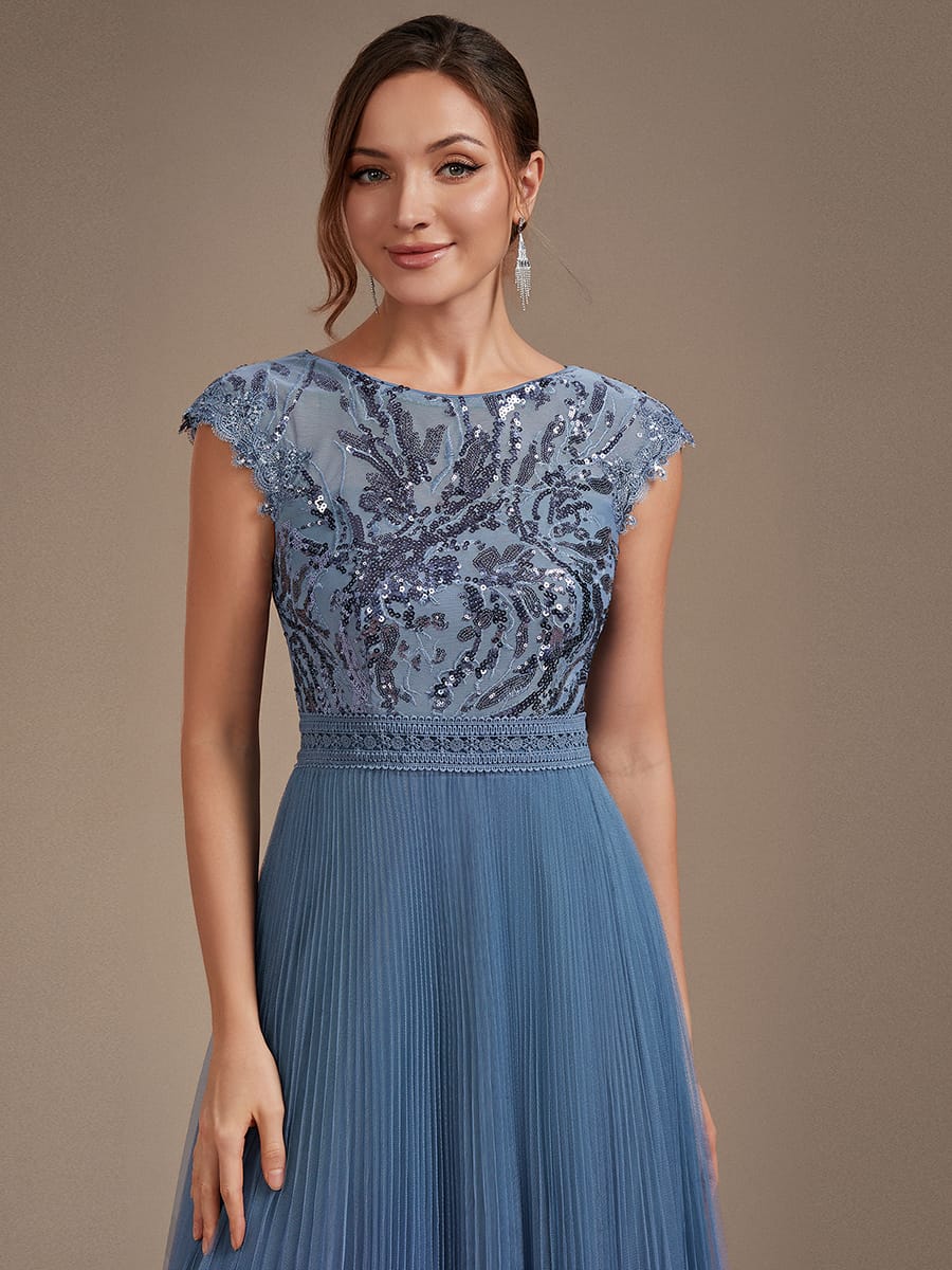 See-through Sequin Cap Sleeve Dress #color_Dusty Blue