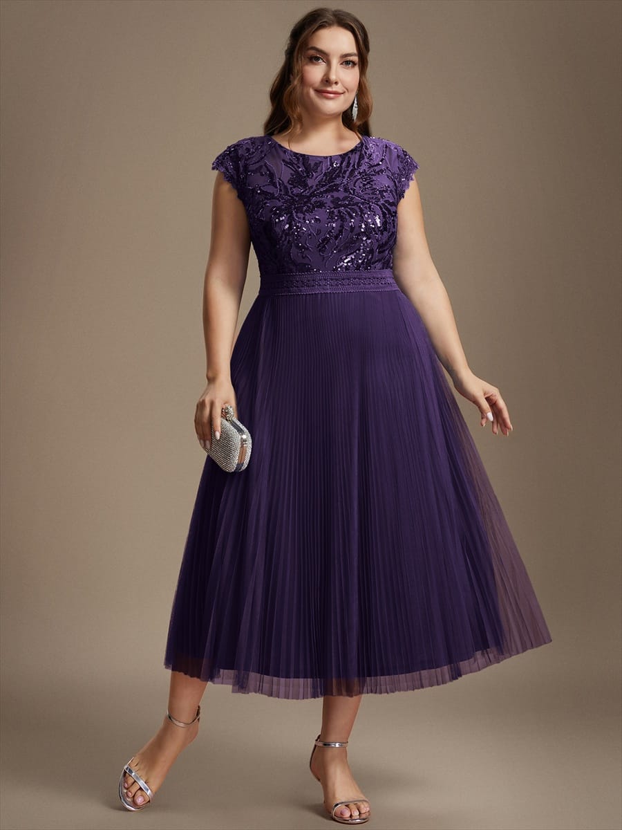See-through Sequin Cap Sleeve Dress #color_Dark Purple