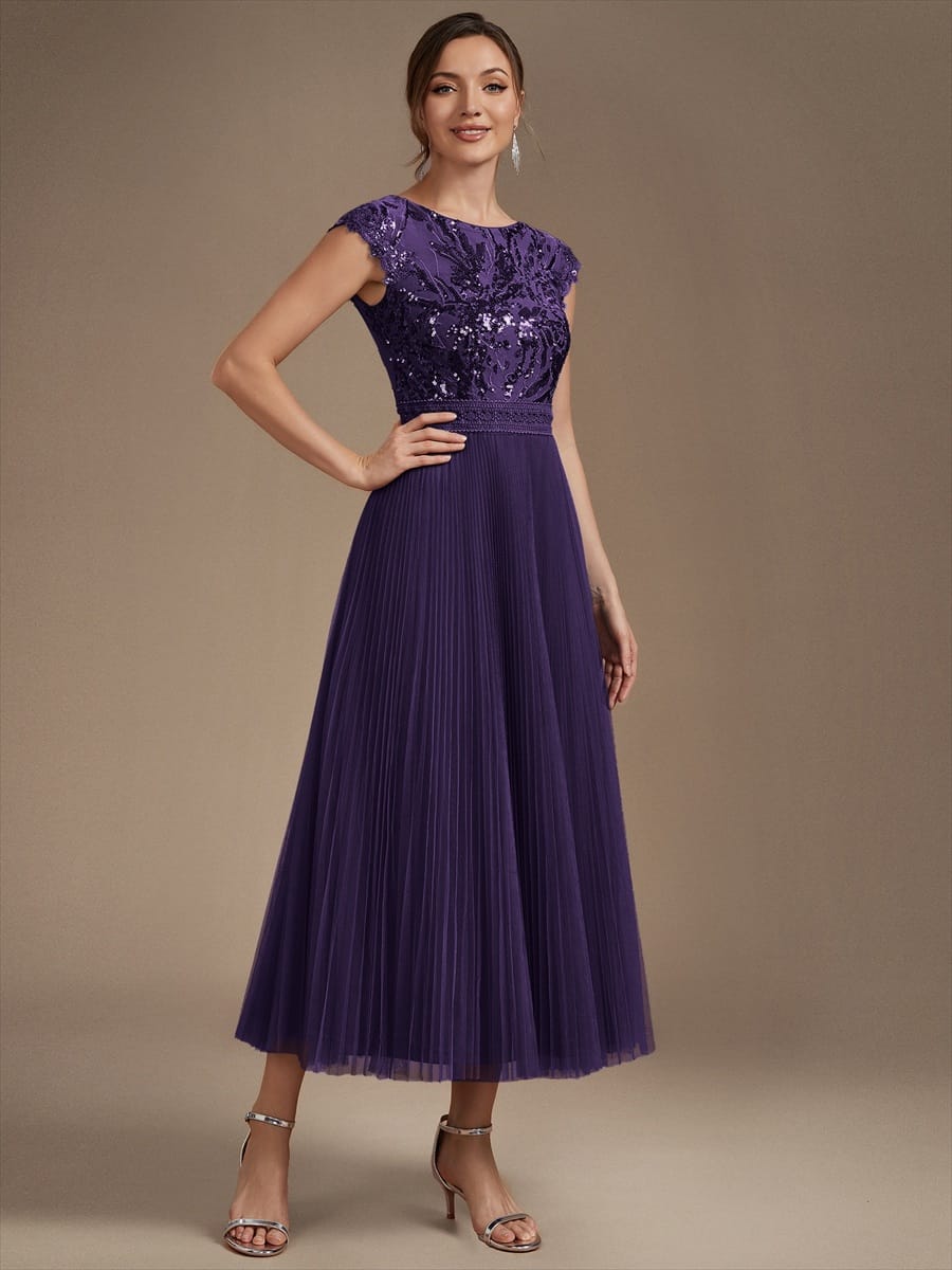 See-through Sequin Cap Sleeve Dress #color_Dark Purple