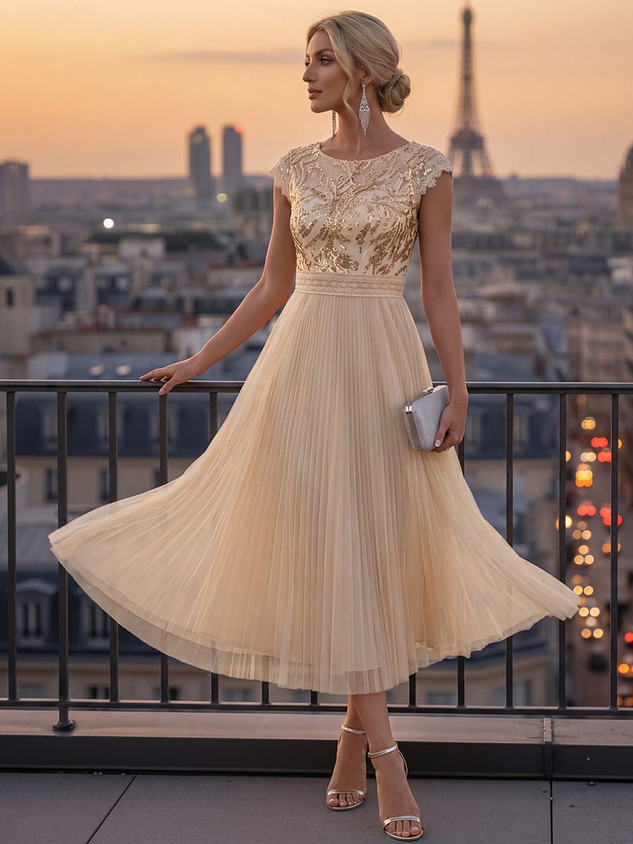 See-through Sequin Cap Sleeve Dress #color_Gold