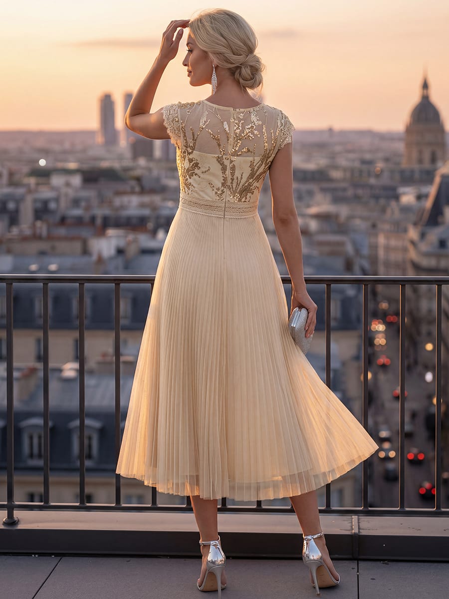 See-through Sequin Cap Sleeve Dress #color_Gold