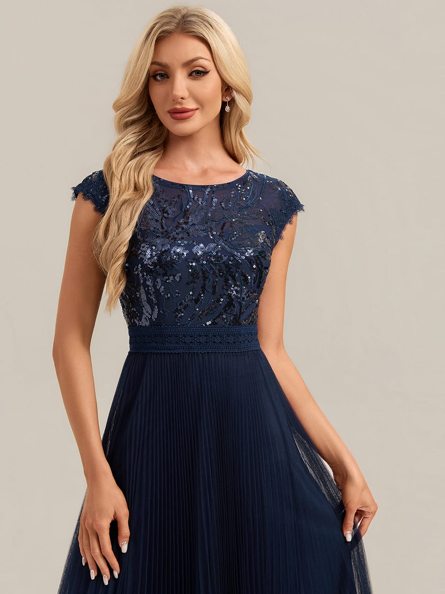See-through Sequin Cap Sleeve Dress #color_Navy Blue
