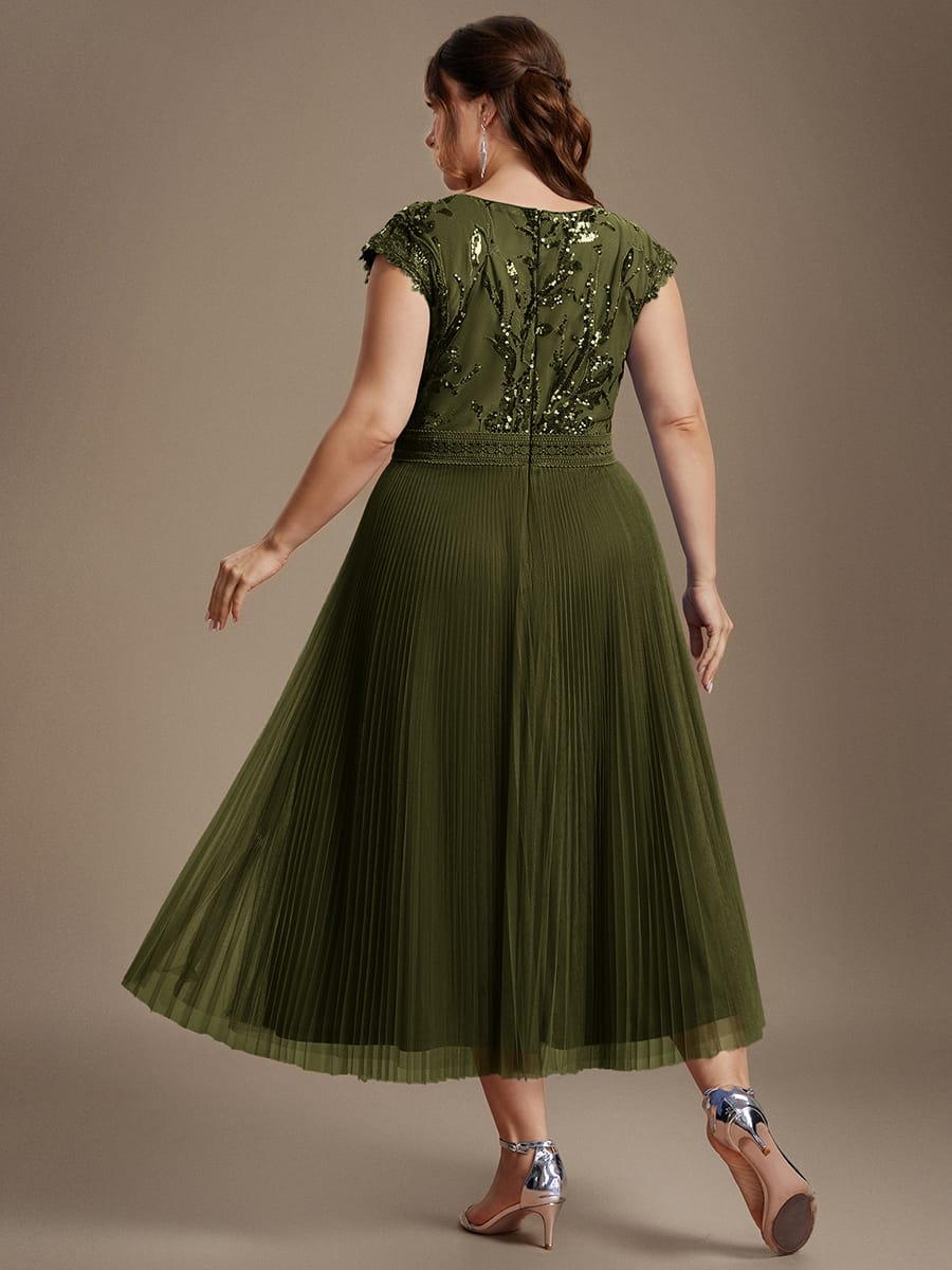 See-through Sequin Cap Sleeve Dress #color_Olive Green