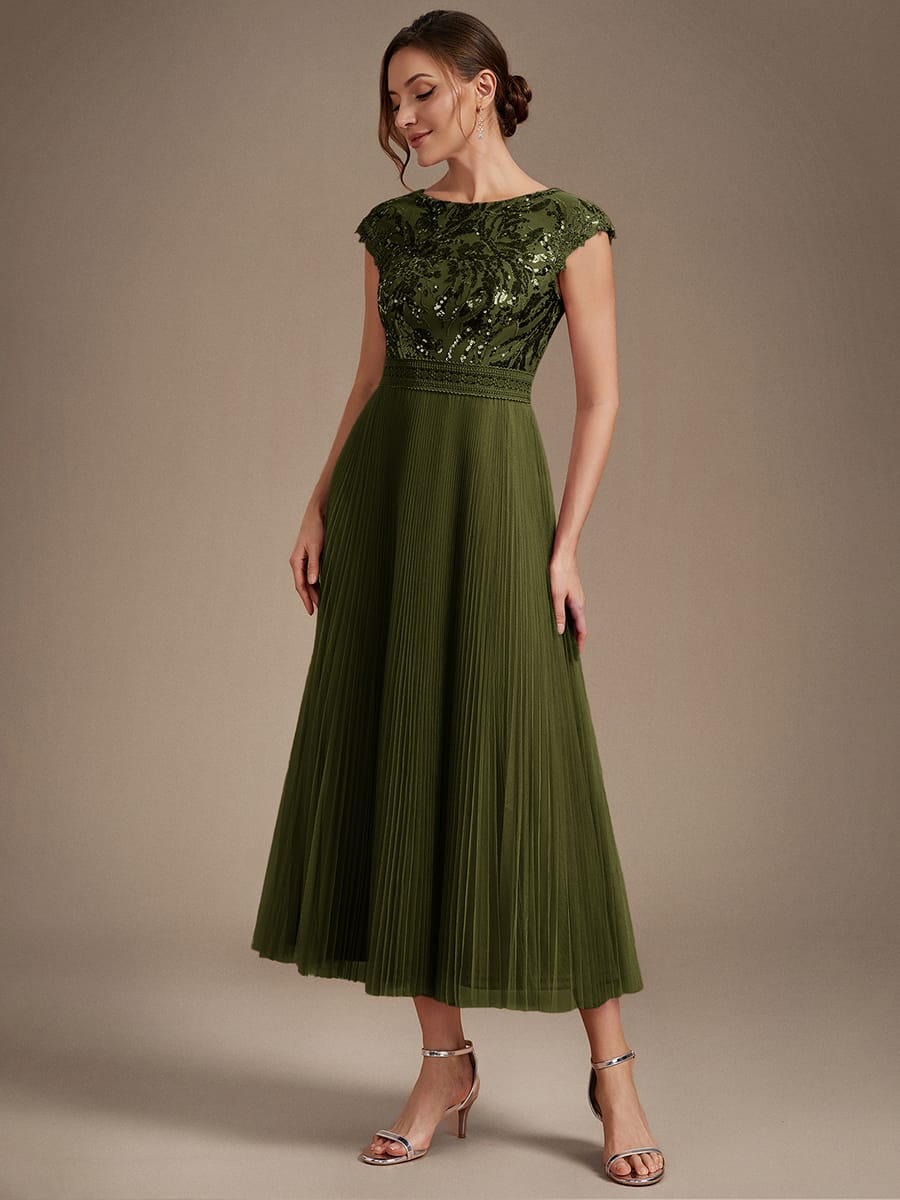 See-through Sequin Cap Sleeve Dress #color_Olive Green