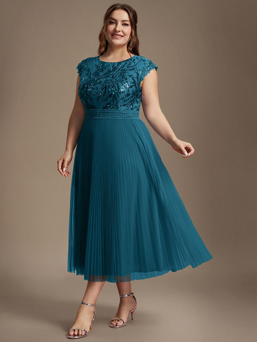 See-through Sequin Cap Sleeve Dress #color_Teal Blue