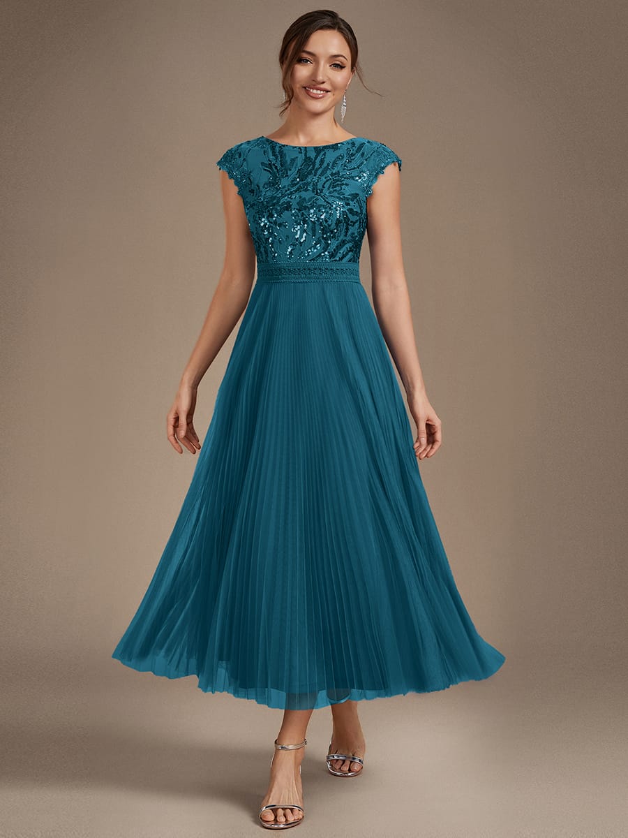 See-through Sequin Cap Sleeve Dress #color_Teal Blue