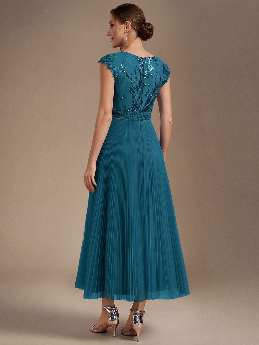 See-through Sequin Cap Sleeve Dress #color_Teal Blue