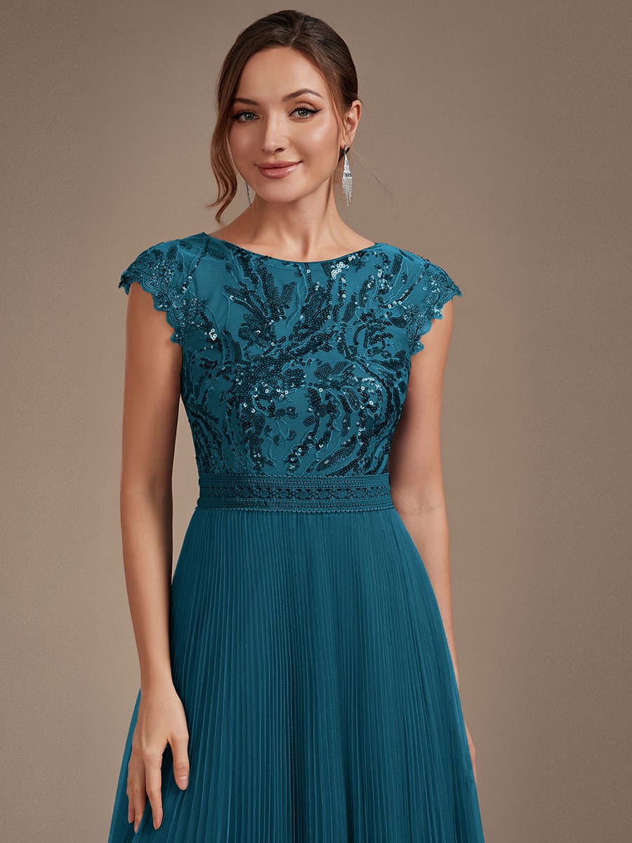 See-through Sequin Cap Sleeve Dress #color_Teal Blue