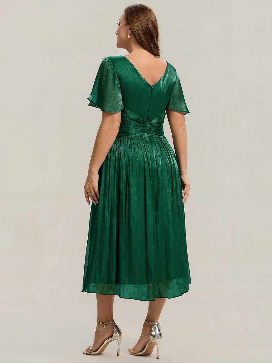 Gathered Sea-island filament fabircs Ruffle Sleeve Dress #color_Dark Green