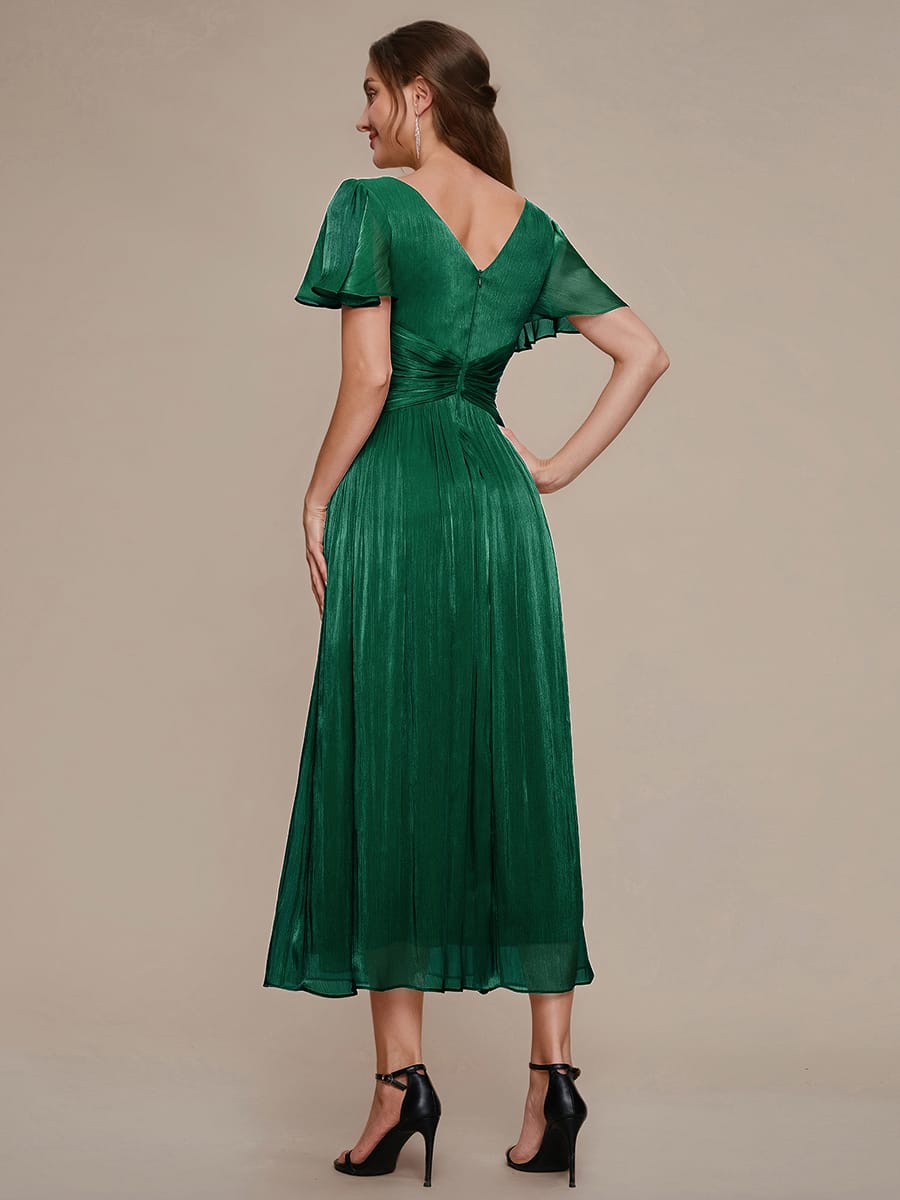 Gathered Sea-island filament fabircs Ruffle Sleeve Dress #color_Dark Green