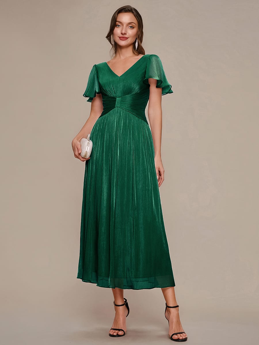 Gathered Sea-island filament fabircs Ruffle Sleeve Dress #color_Dark Green