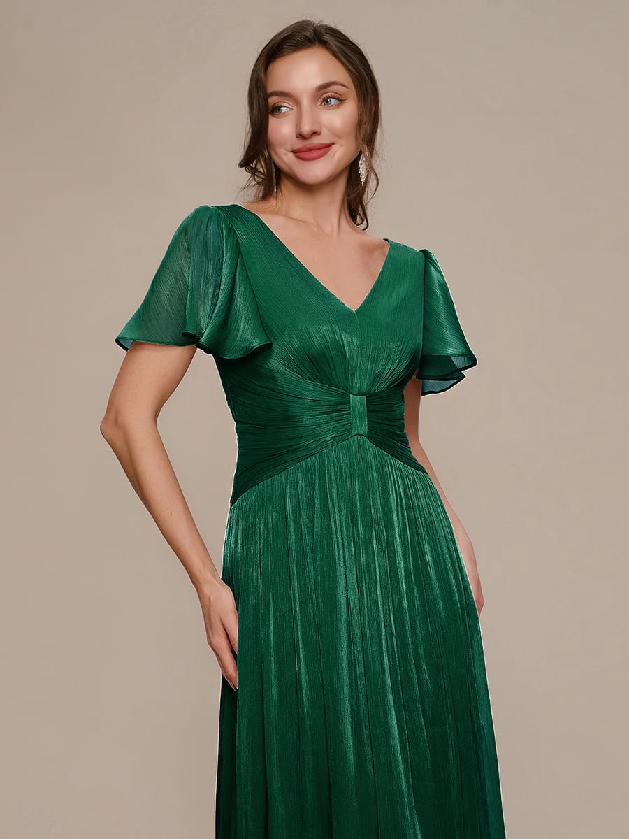 Gathered Sea-island filament fabircs Ruffle Sleeve Dress #color_Dark Green