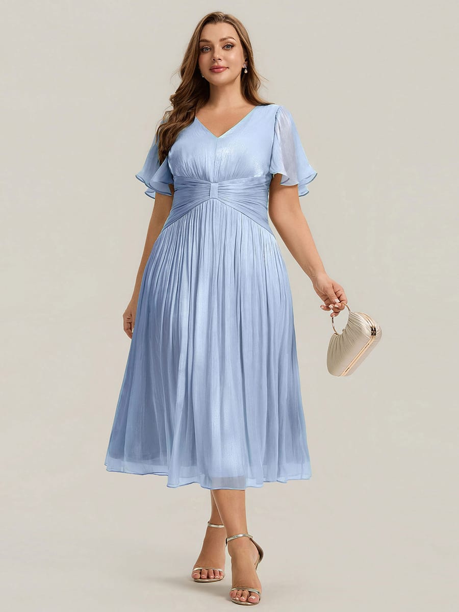 Gathered Sea-island filament fabircs Ruffle Sleeve Dress #color_Dusty Blue