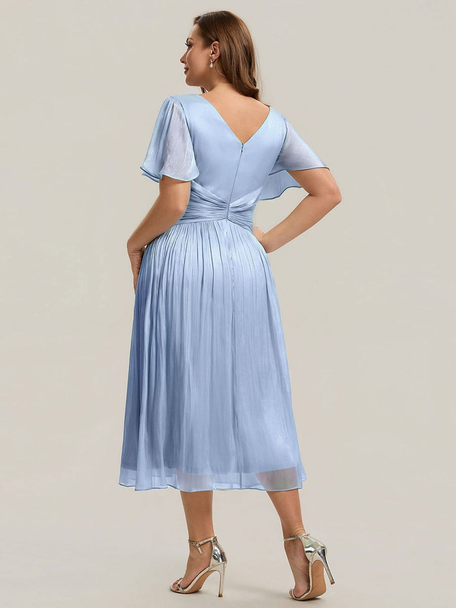 Gathered Sea-island filament fabircs Ruffle Sleeve Dress #color_Light Dusty Blue