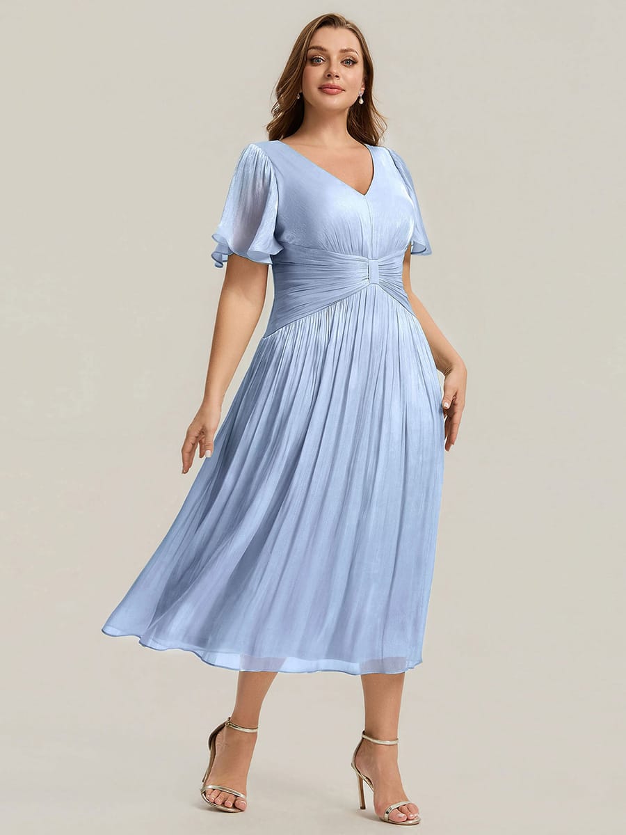 Gathered Sea-island filament fabircs Ruffle Sleeve Dress #color_Dusty Blue
