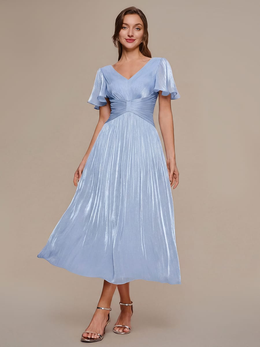 Gathered Sea-island filament fabircs Ruffle Sleeve Dress #color_Dusty Blue