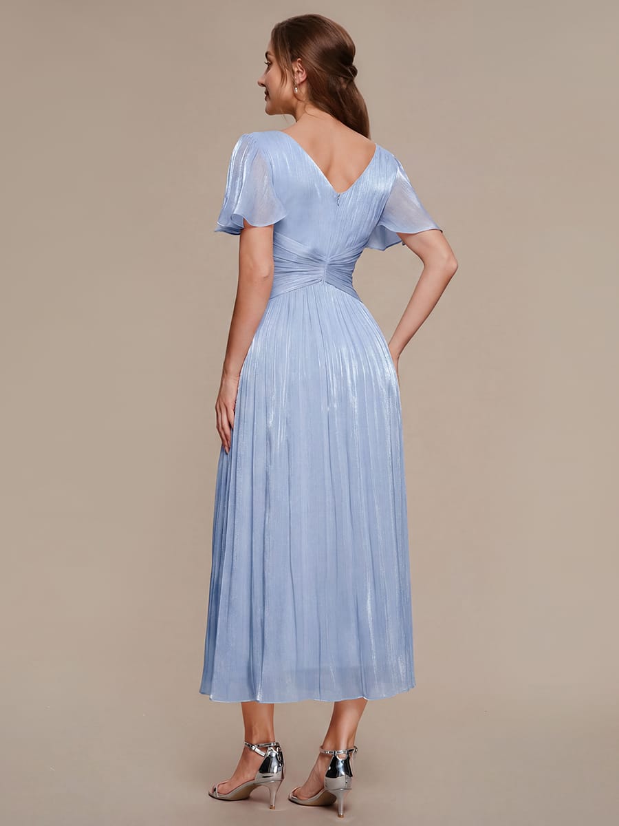 Gathered Sea-island filament fabircs Ruffle Sleeve Dress #color_Dusty Blue