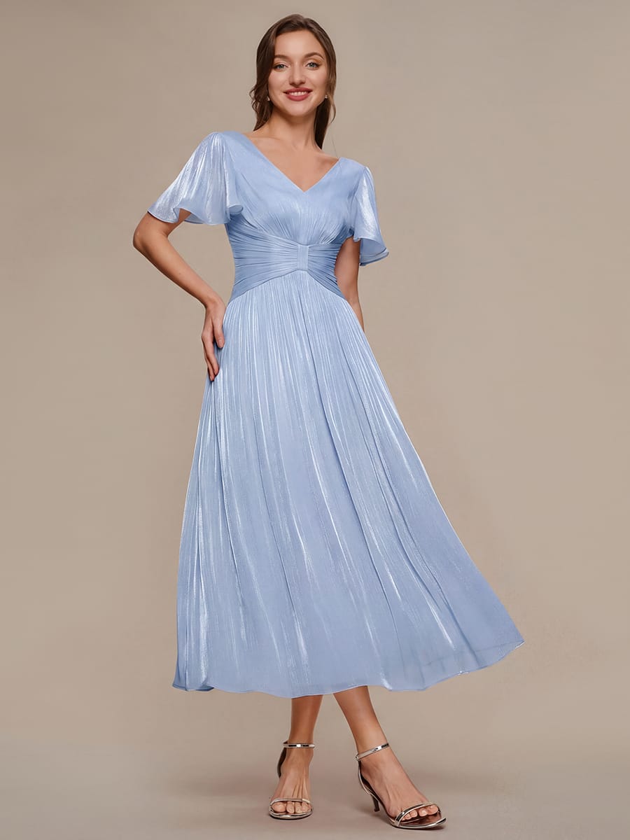 Gathered Sea-island filament fabircs Ruffle Sleeve Dress #color_Dusty Blue