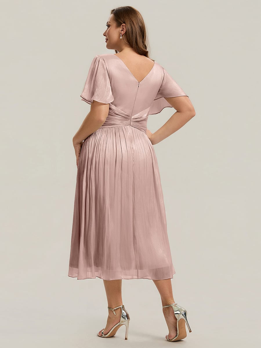 Gathered Sea-island filament fabircs Ruffle Sleeve Dress #color_Dusty Rose