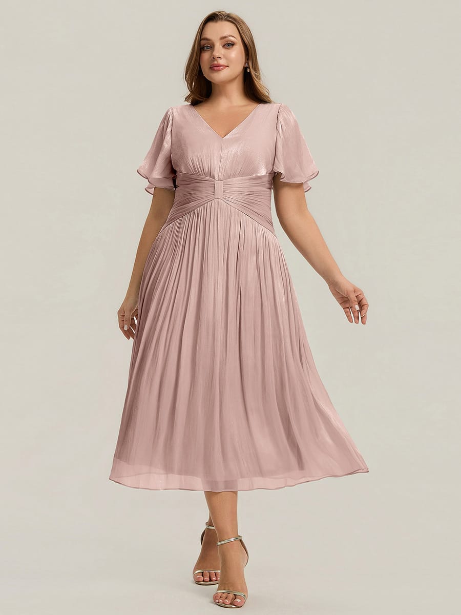 Gathered Sea-island filament fabircs Ruffle Sleeve Dress #color_Dusty Rose