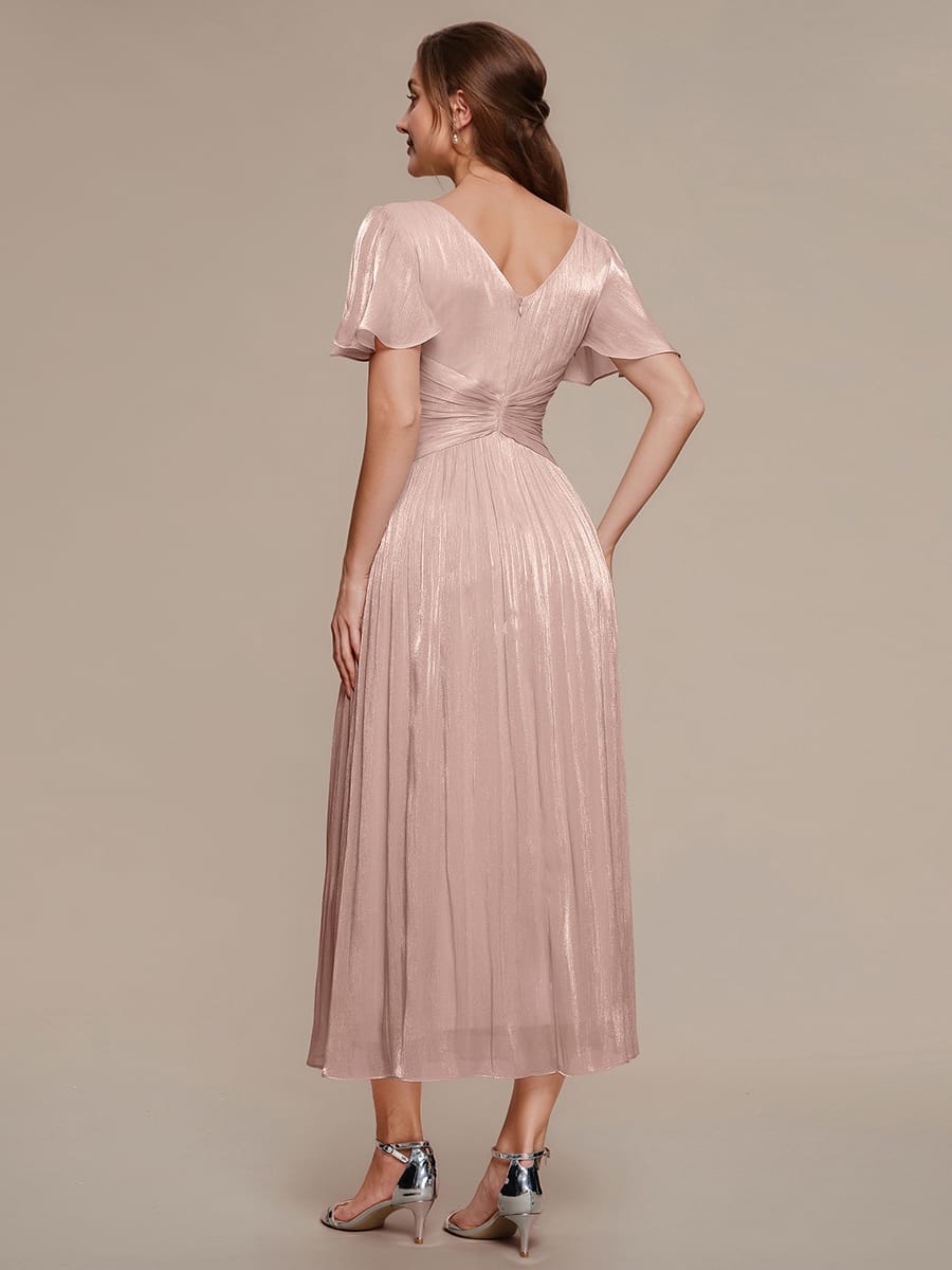 Gathered Sea-island filament fabircs Ruffle Sleeve Dress #color_Dusty Rose