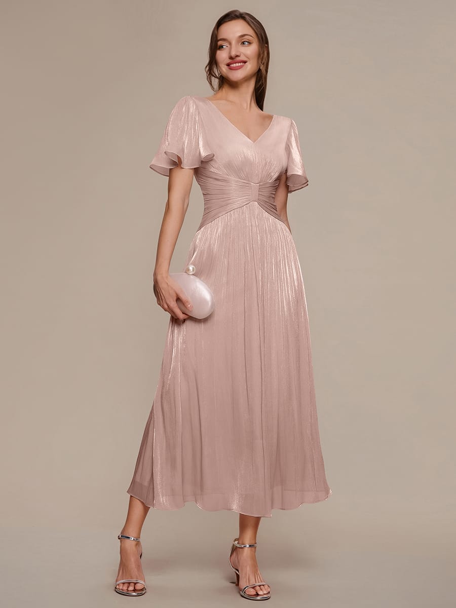 Gathered Sea-island filament fabircs Ruffle Sleeve Dress #color_Dusty Rose