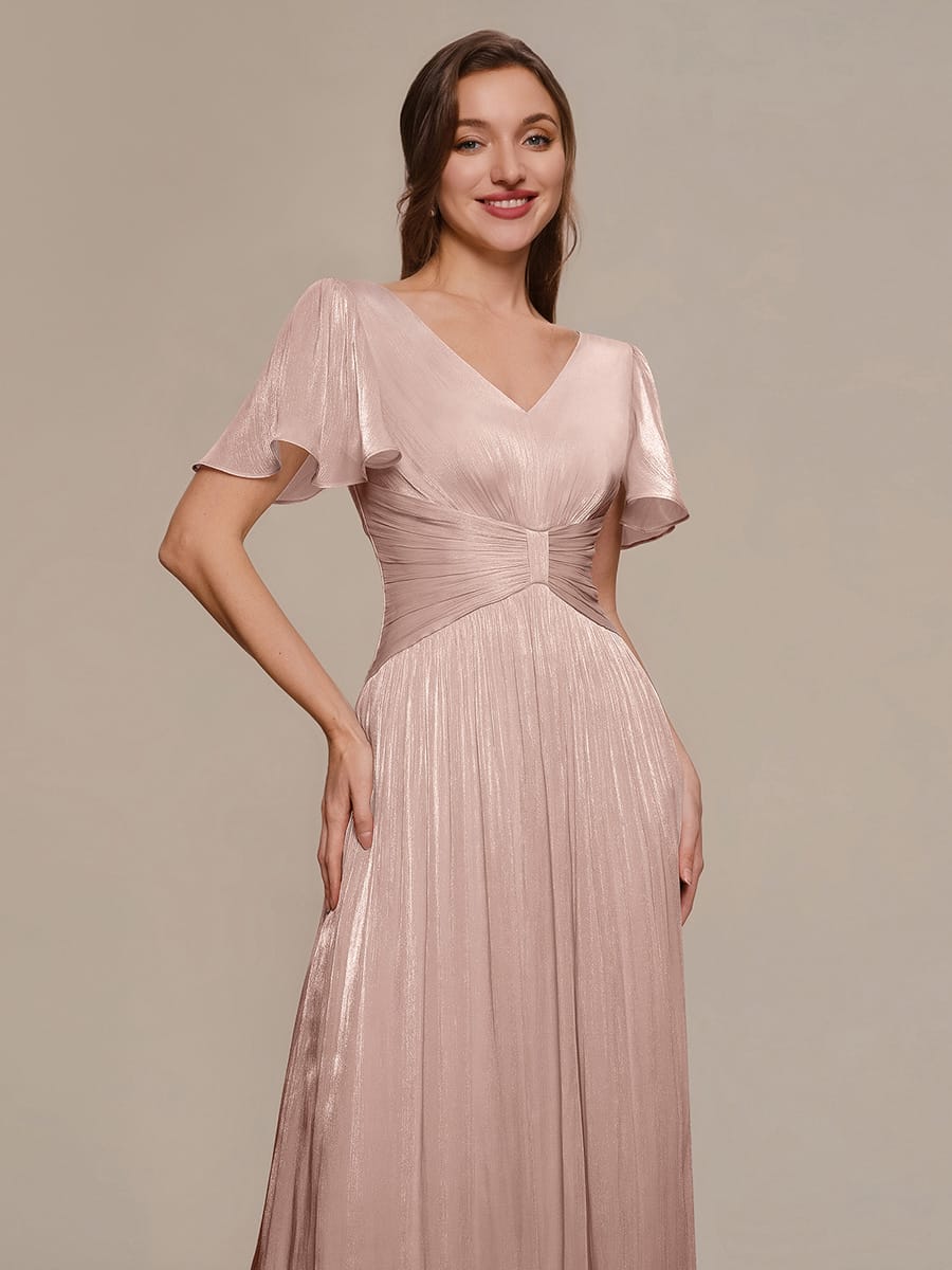 Gathered Sea-island filament fabircs Ruffle Sleeve Dress #color_Dusty Rose