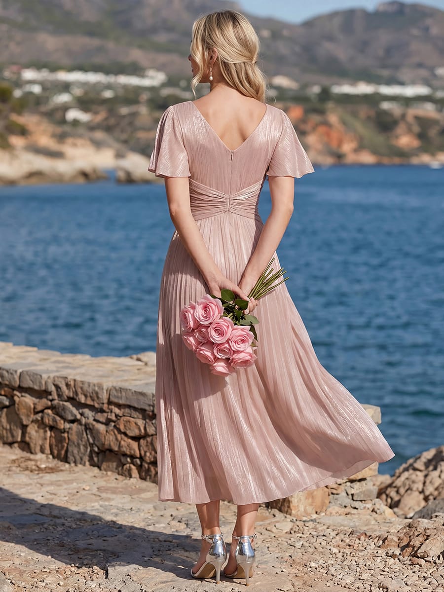 Gathered Sea-island filament fabircs Ruffle Sleeve Dress #color_Dusty Rose