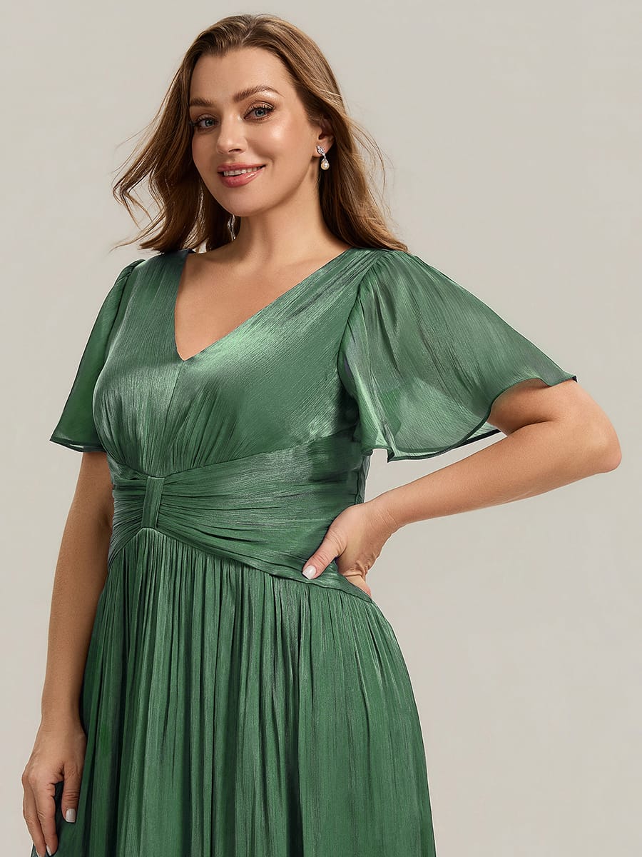 Gathered Sea-island filament fabircs Ruffle Sleeve Dress #color_Eucalyptus Green