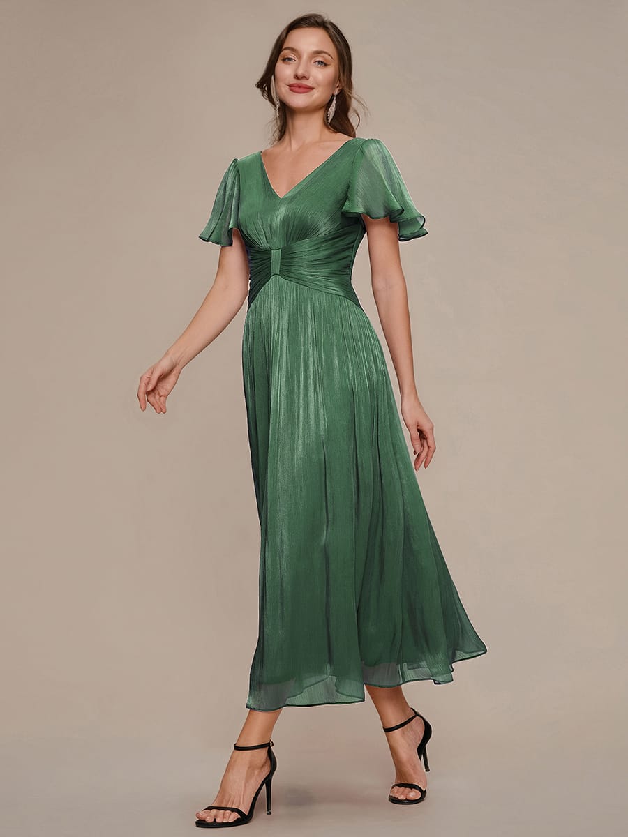 Gathered Sea-island filament fabircs Ruffle Sleeve Dress #color_Eucalyptus Green