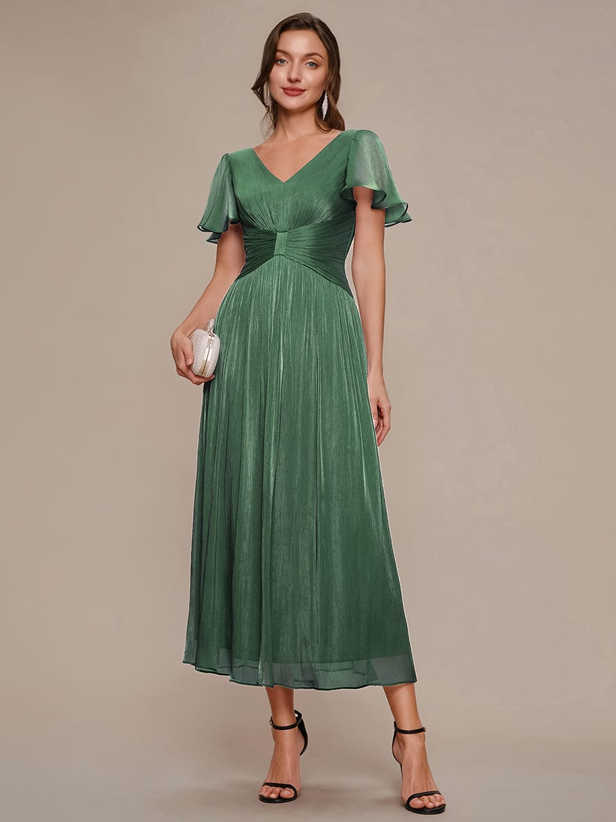 Gathered Sea-island filament fabircs Ruffle Sleeve Dress #color_Eucalyptus Green