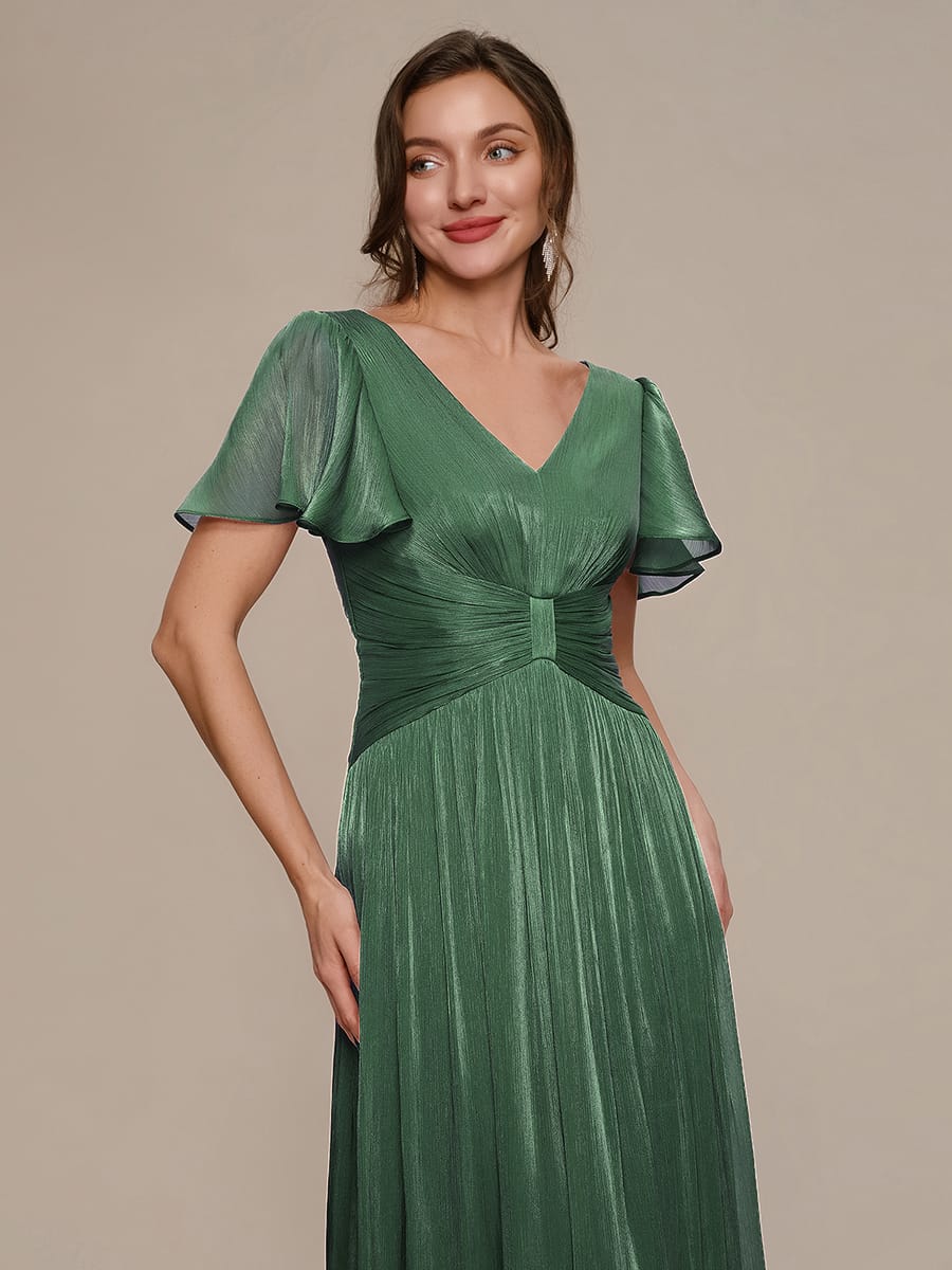 Gathered Sea-island filament fabircs Ruffle Sleeve Dress #color_Eucalyptus Green