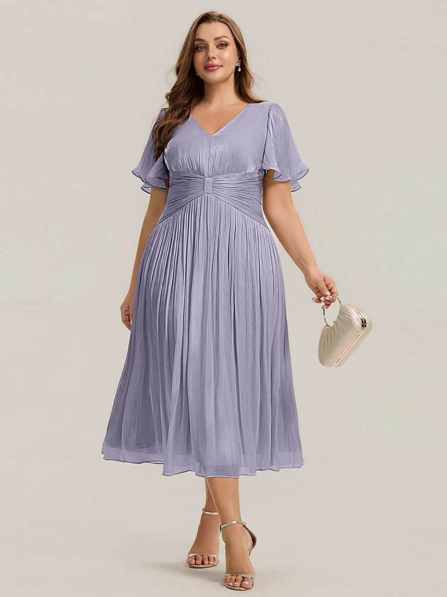 Gathered Sea-island filament fabircs Ruffle Sleeve Dress #color_Frosted Lilac