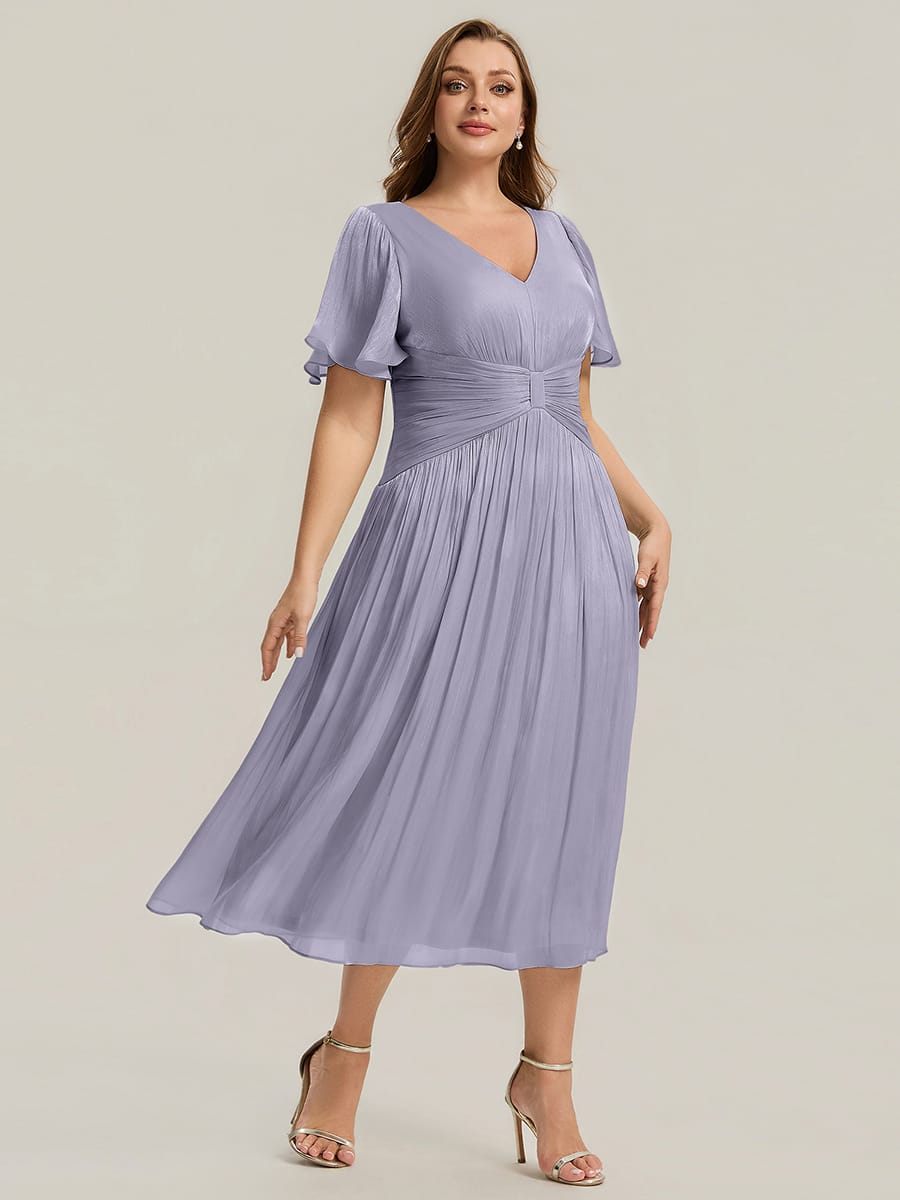 Gathered Sea-island filament fabircs Ruffle Sleeve Dress #color_Frosted Lilac