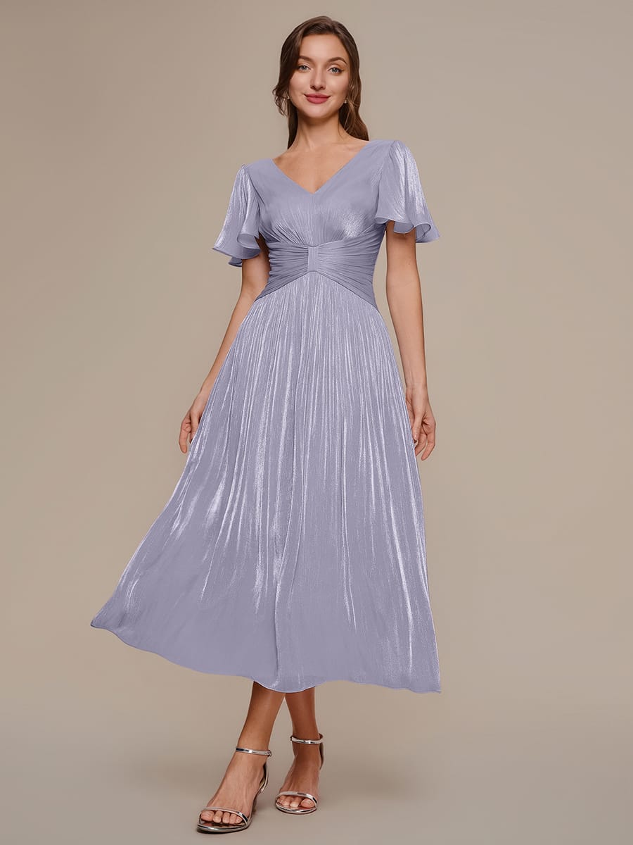 Gathered Sea-island filament fabircs Ruffle Sleeve Dress #color_Frosted Lilac